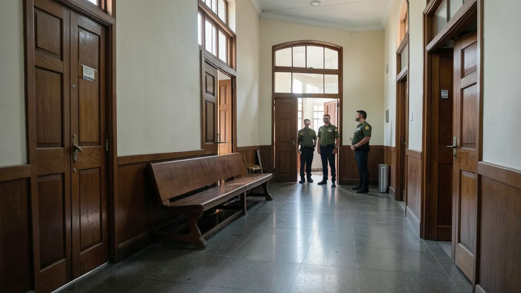 Imagem gerada por IA: Corredor de tribunal com portas de sala de audiência e policiais ao fundo.