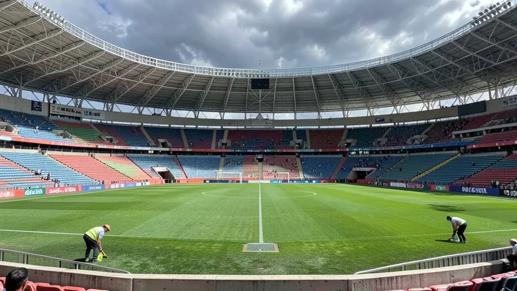 Imagem gerada por IA: Gramado do Maracanã visto das arquibancadas, com funcionários avaliando o campo.
