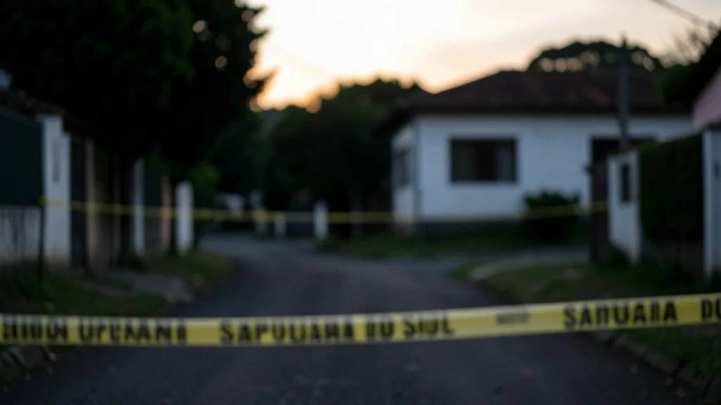 Imagem gerada por IA: Rua residencial isolada por fita policial durante a investigação de um feminicídio.