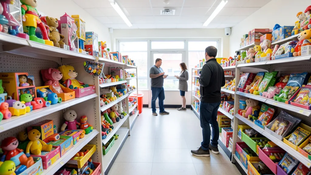 Imagem gerada por IA: Interior de uma loja de brinquedos com produtos nas prateleiras e clientes circulando.
