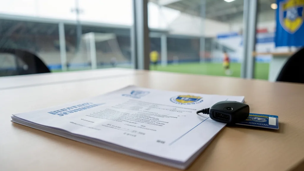 Imagem gerada por IA: Pasta de contrato e equipamento de segurança em um escritório com estádio ao fundo.