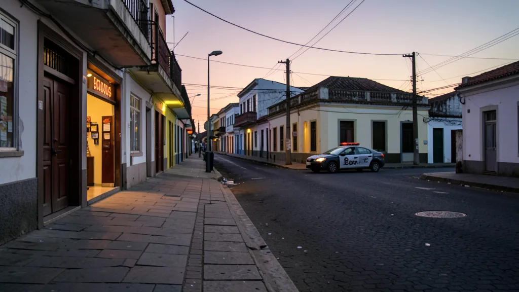Imagem gerada por IA: Rua do Centro de Pelotas ao amanhecer, com a entrada de uma casa noturna ao fundo.