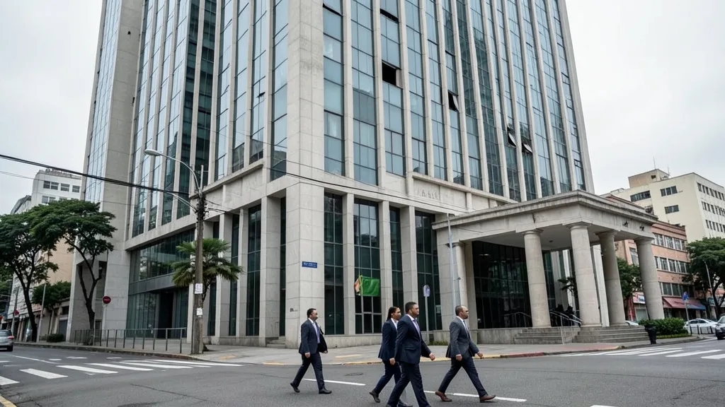 Imagem gerada por IA: Edifício corporativo em São Paulo com pessoas caminhando diante da fachada.