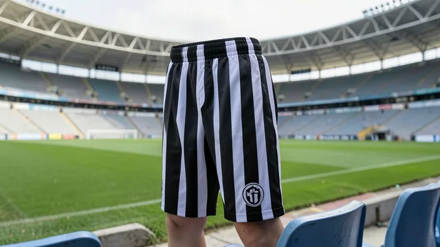 Calção de futebol com espaço de patrocínio sem marca diante de um estádio vazio.