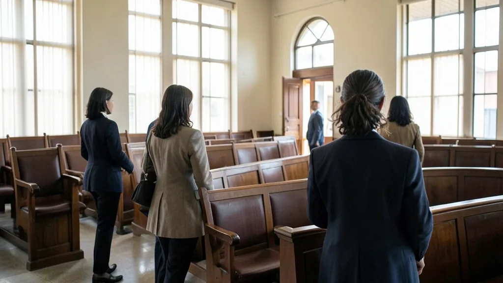 Imagem gerada por IA: Mulheres caminham em direção a assentos vazios em um tribunal.