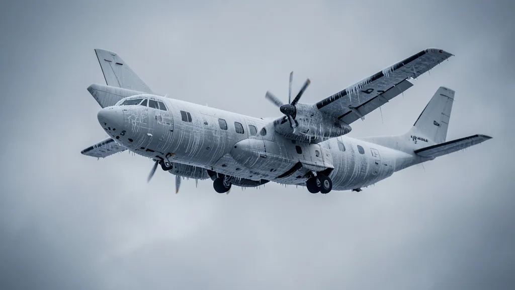 Imagem gerada por IA: Aeronave turboélice genérica voa sob céu nublado com gelo se formando nas asas.