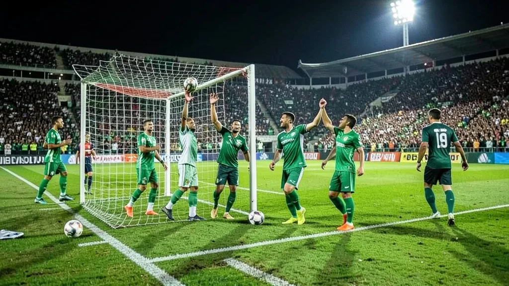 Jogadores do Juventude comemoram um gol durante partida noturna em um estádio cheio.