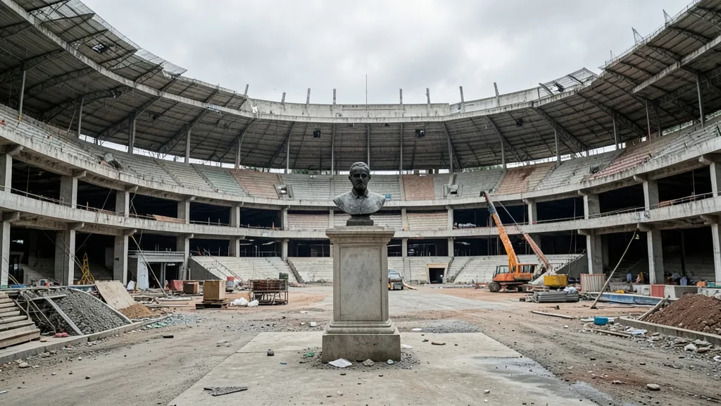 Imagem gerada por IA: Pedestal vazio na entrada do estádio do Juventus durante reformas na Rua Javari.