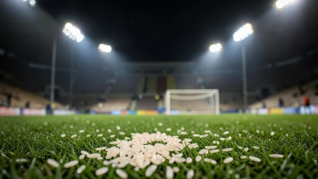 Imagem gerada por IA: Grãos de arroz espalhados na grama de um estádio de futebol após um clássico.