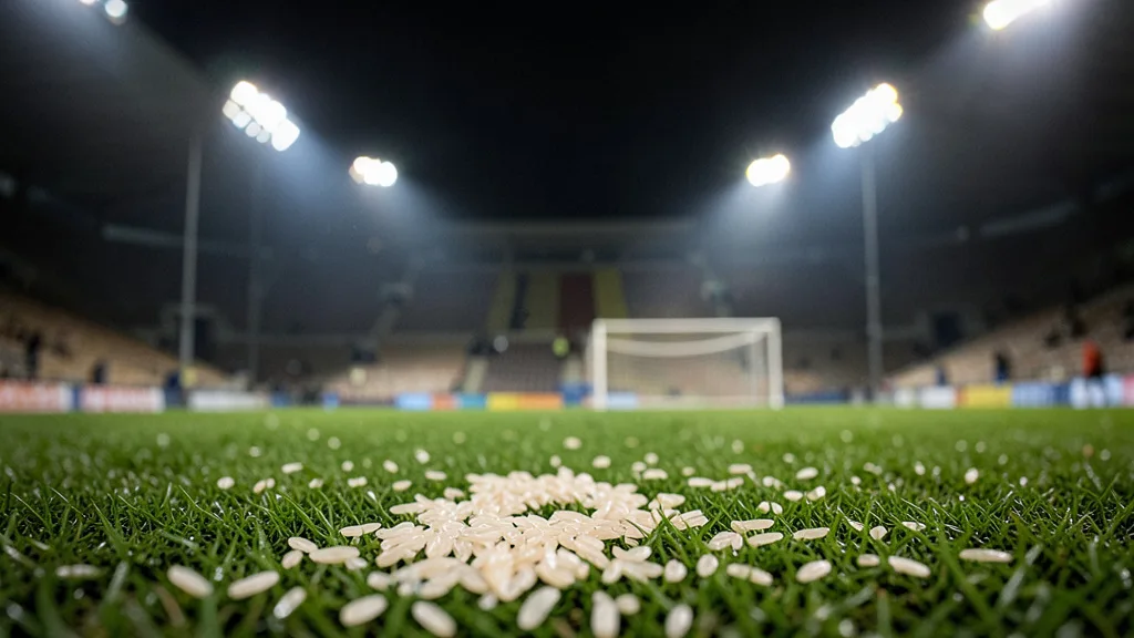 Imagem gerada por IA: Grãos de arroz espalhados na grama de um estádio de futebol após um clássico.