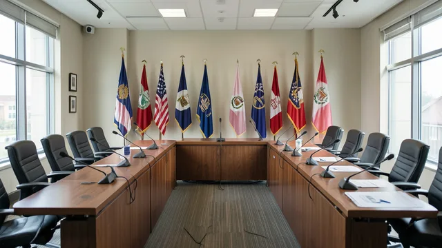 Imagem gerada por IA: Sala de conferência vazia com bandeiras e espaço preparado para uma foto de grupo cancelada.