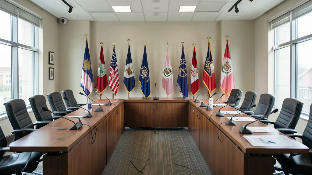 Imagem gerada por IA: Sala de conferência vazia com bandeiras e espaço preparado para uma foto de grupo cancelada.