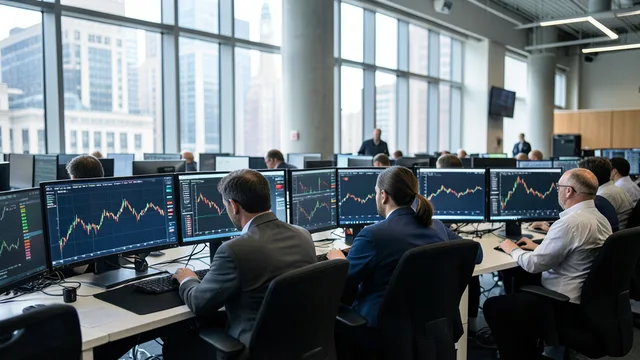 Imagem gerada por IA: Operadores acompanham mercados financeiros em uma bolsa de Nova York.