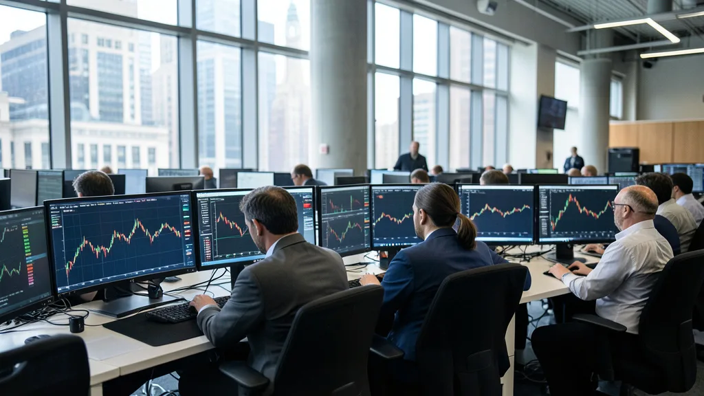 Imagem gerada por IA: Operadores acompanham mercados financeiros em uma bolsa de Nova York.