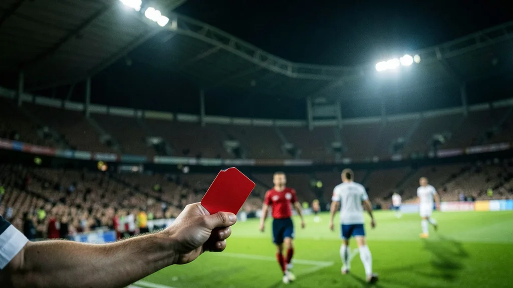 Imagem gerada por IA: Cartão vermelho em primeiro plano em um estádio de futebol após uma partida.