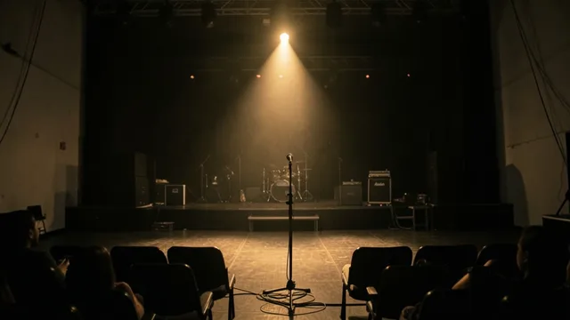 Microfone vazio em um palco iluminado por um foco de luz suave.