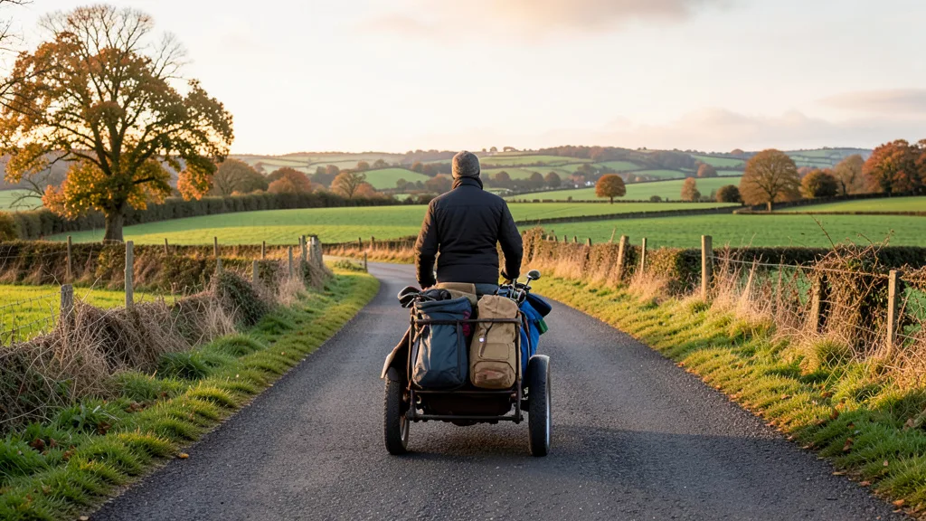 Imagem gerada por IA: Caminhante empurra um carrinho carregado por uma estrada rural inglesa.