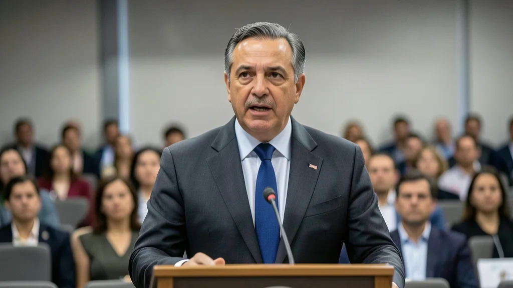 Imagem gerada por IA: Gilberto Kassab fala em um evento público em Brasília.
