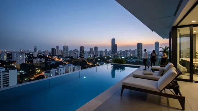 Imagem gerada por IA: Terraço de um triplex de luxo em São Paulo, com piscina e vista para a cidade.