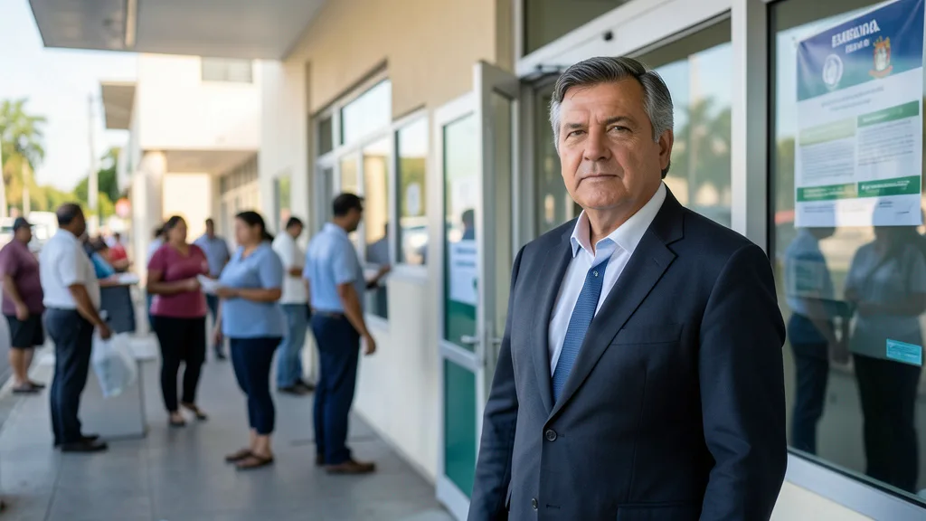 Imagem gerada por IA: Autoridade em traje formal diante de uma seção eleitoral em Brasília.