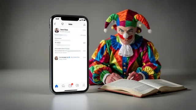 Imagem gerada por IA: Celular com perfil de rede social indisponível ao lado de uma roupa de bobo da corte e um livro aberto.