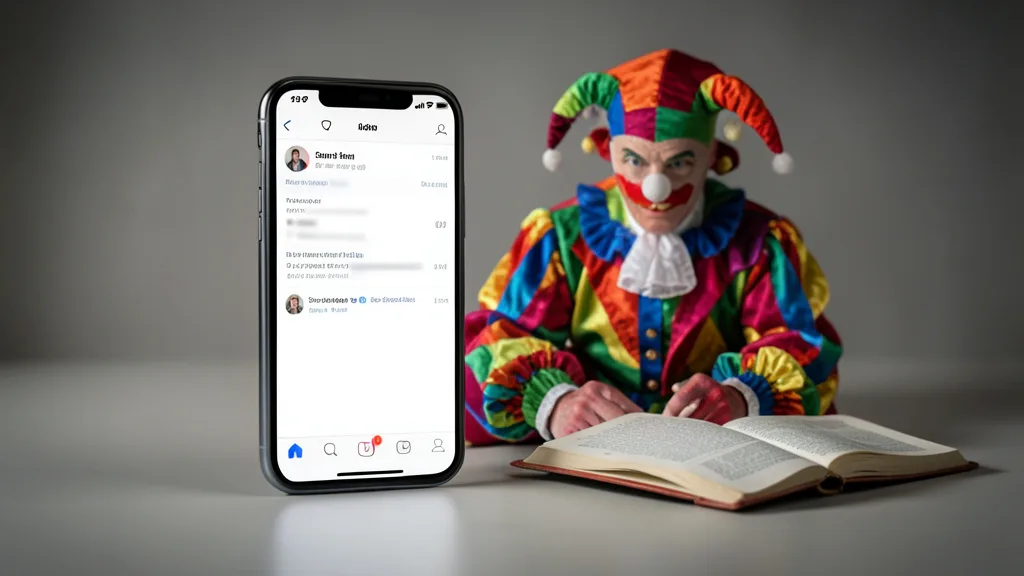 Imagem gerada por IA: Celular com perfil de rede social indisponível ao lado de uma roupa de bobo da corte e um livro aberto.