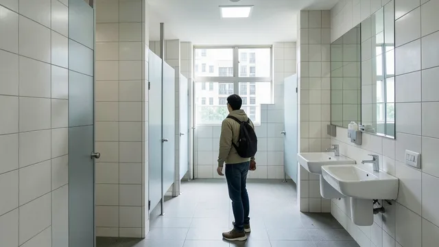 Imagem gerada por IA: Interior de um banheiro público moderno na China, com uma pessoa observando as instalações.