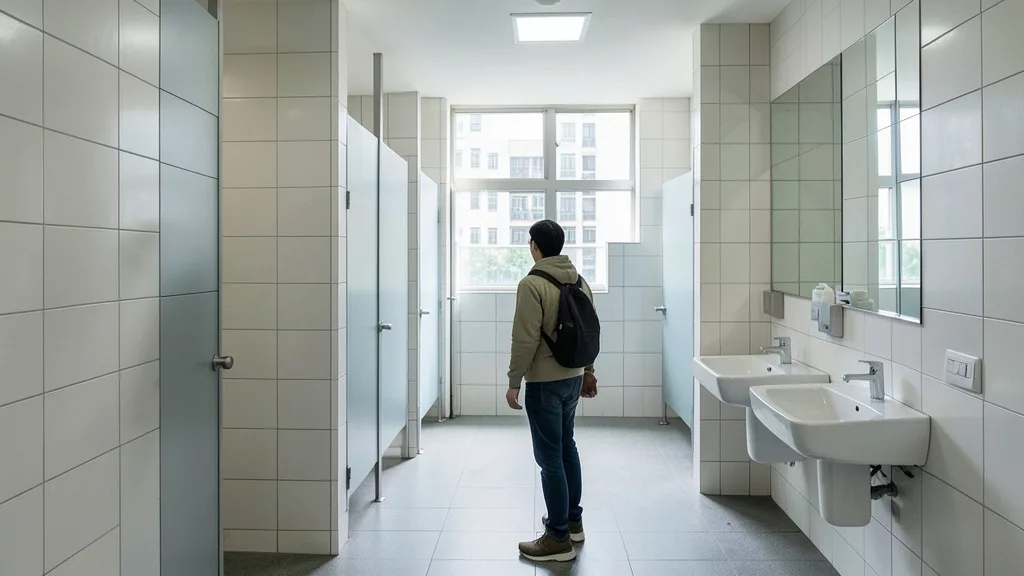 Imagem gerada por IA: Interior de um banheiro público moderno na China, com uma pessoa observando as instalações.