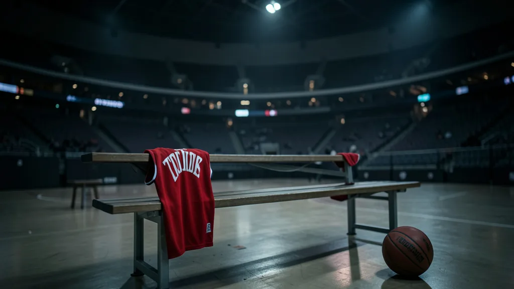 Imagem gerada por IA: Camiseta vermelha de basquete e bola em um banco de vestiário vazio.