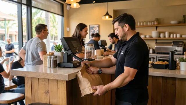 Imagem gerada por IA: Entregador genérico retira uma sacola de refeição no balcão de um restaurante.