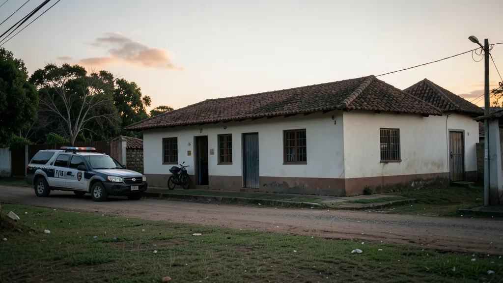 Imagem gerada por IA: Casa rural no sul do Brasil, com uma viatura policial ao fundo.