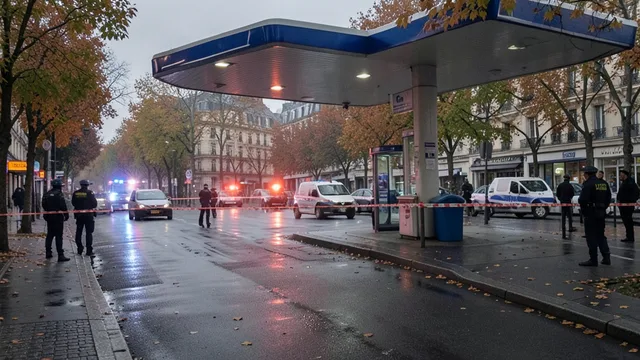 Imagem gerada por IA: Posto de gasolina isolado por policiais após os ataques a tiros perto de Paris.