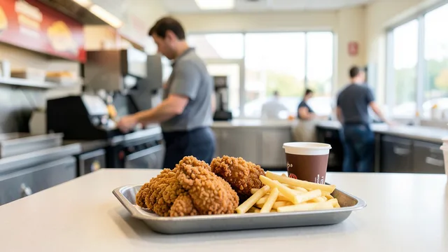 Imagem gerada por IA: Bandeja com frango frito e copos de refrigerante em um restaurante de fast-food.