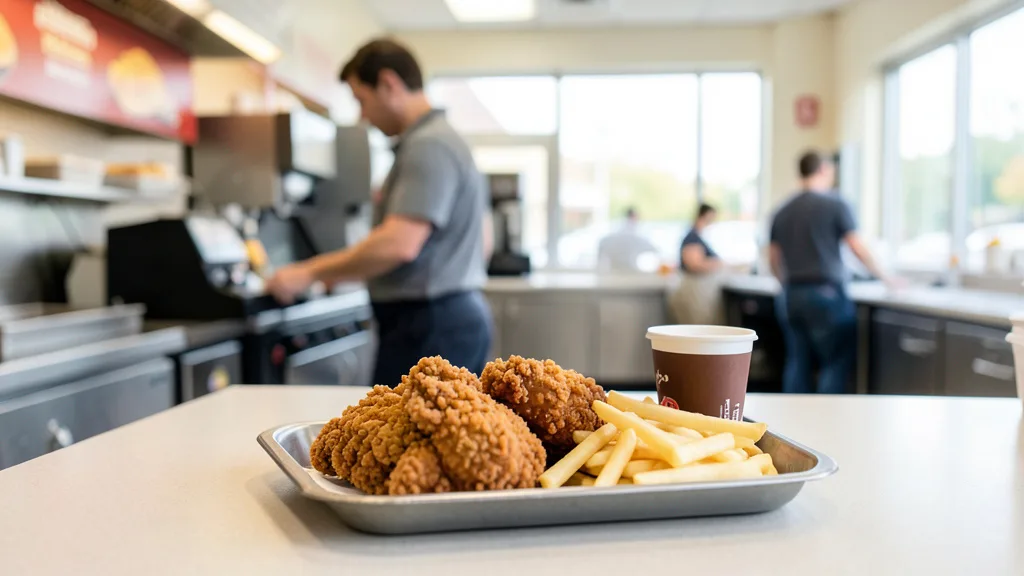 Imagem gerada por IA: Bandeja com frango frito e copos de refrigerante em um restaurante de fast-food.