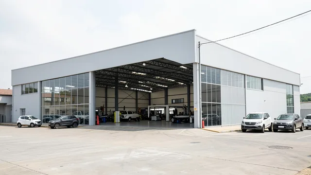 Imagem gerada por IA: Fachada de uma fábrica automotiva moderna com veículos sem identificação ao lado.
