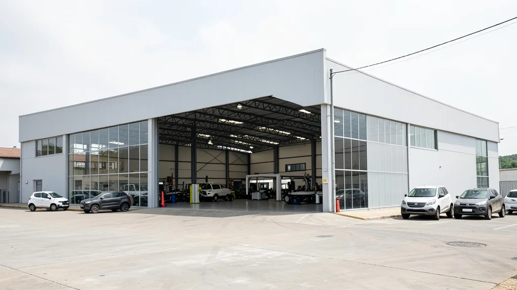 Imagem gerada por IA: Fachada de uma fábrica automotiva moderna com veículos sem identificação ao lado.