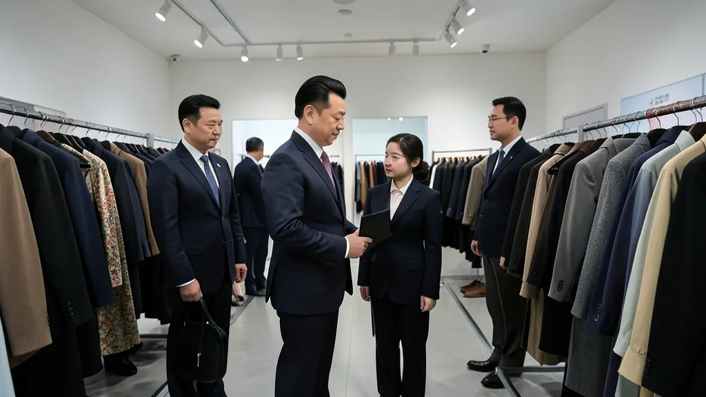 Imagem gerada por IA: Kim Jong-un visita uma exposição de roupas e calçados acompanhado da filha e de autoridades.