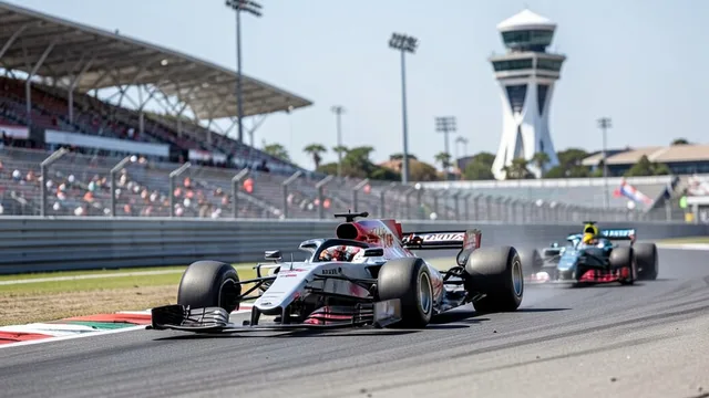 Imagem gerada por IA: Carros de Fórmula 1 aceleram no Circuito das Américas, em Austin.