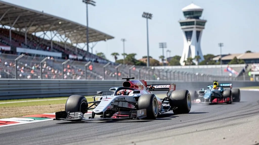 Imagem gerada por IA: Carros de Fórmula 1 aceleram no Circuito das Américas, em Austin.