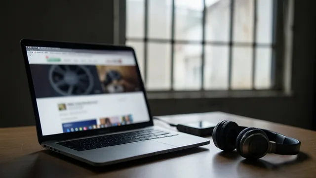 Imagem gerada por IA: Laptop com uma página de fãs desfocada e fones de ouvido diante de uma janela com grades.