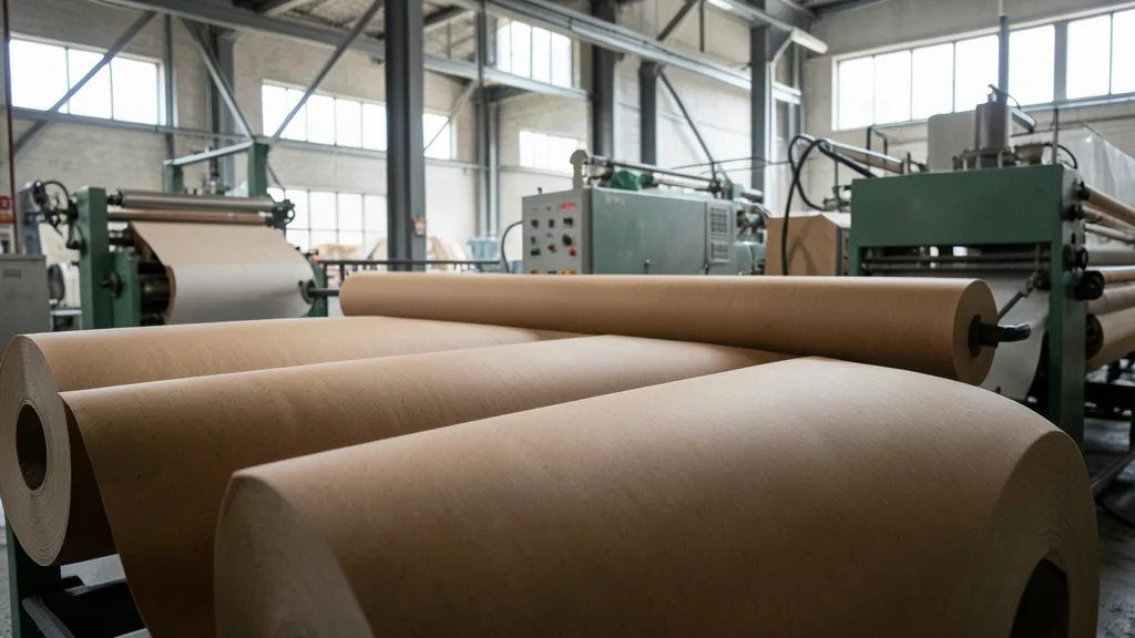 Imagem gerada por IA: Grandes rolos de papel kraftliner em uma fábrica.