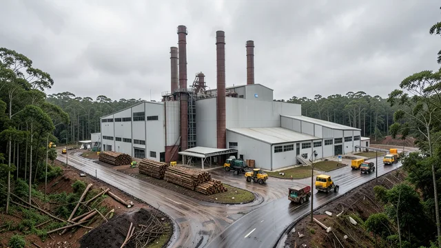 Imagem gerada por IA: Fábrica de papel e celulose com madeira empilhada e caminhões em uma estrada molhada.