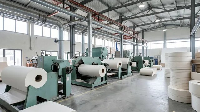 Imagem gerada por IA: Máquinas e rolos de papel em uma fábrica industrial.