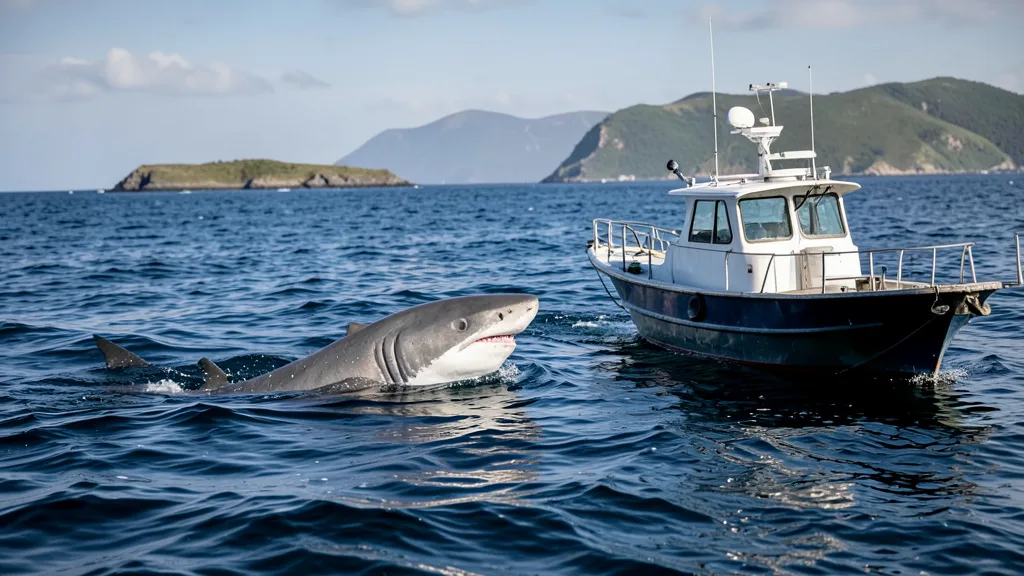 Imagem gerada por IA: Tubarão-branco emerge junto a um barco de pesquisa em águas costeiras.