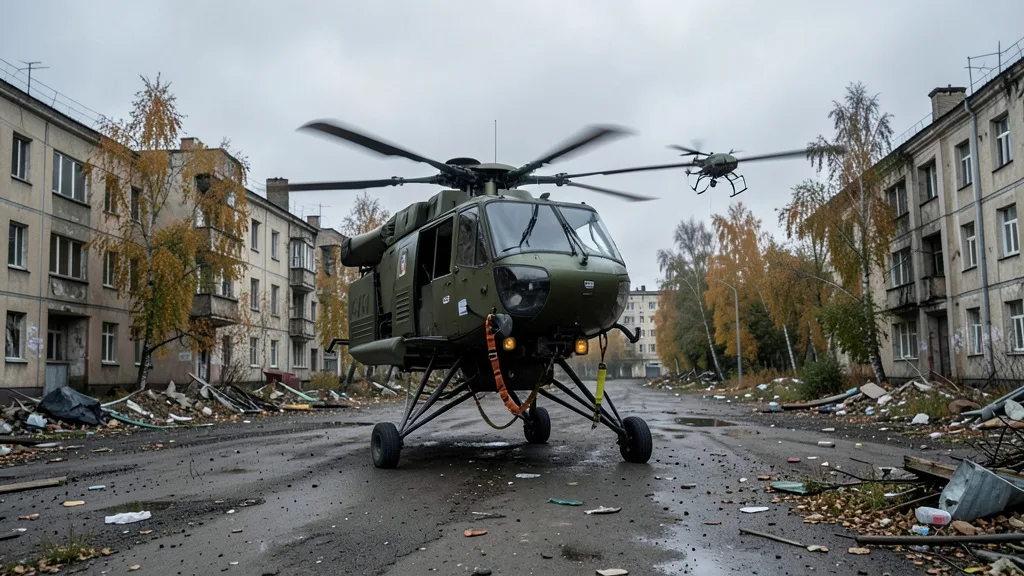 Imagem gerada por IA: Drone de carga sobrevoa o pátio de uma escola bombardeada, acompanhado por outro aparelho.
