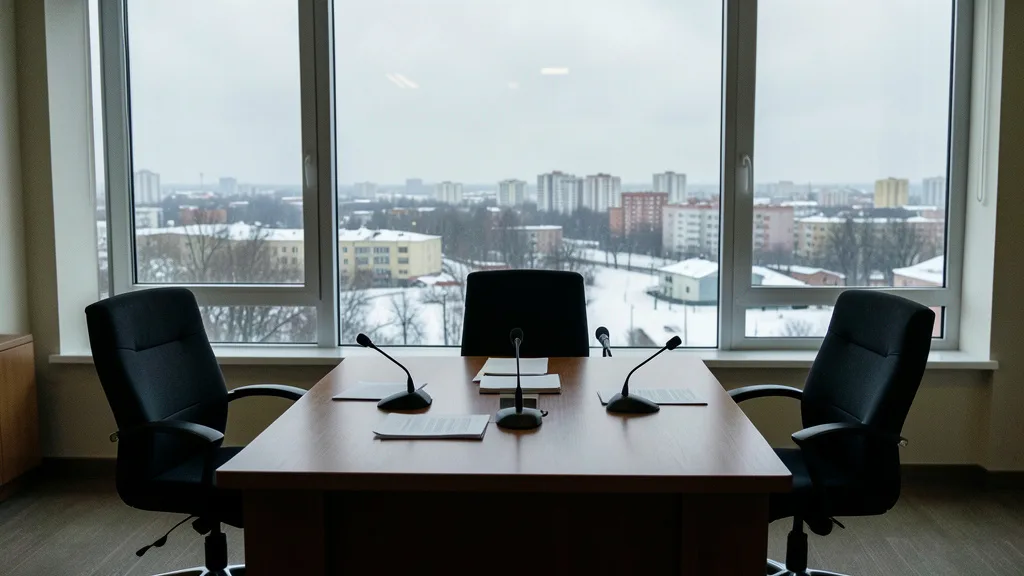 Imagem gerada por IA: Sala de negociações vazia diante de uma paisagem urbana de inverno.