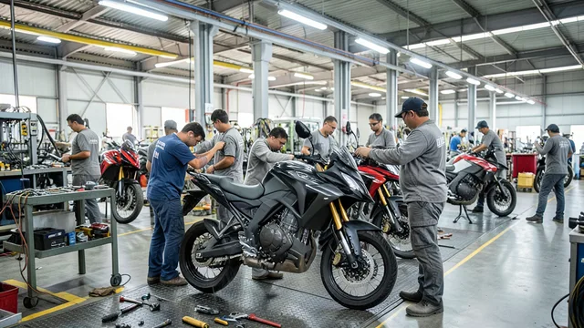 Imagem gerada por IA: Motocicleta sendo montada por trabalhadores em uma fábrica.