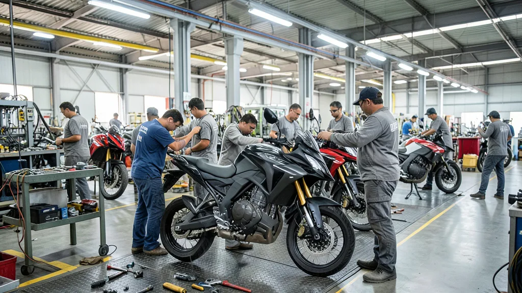 Imagem gerada por IA: Motocicleta sendo montada por trabalhadores em uma fábrica.