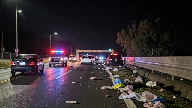 Veículos parados e destroços de isolamento em uma rodovia próxima a uma ponte no Kansas, com luzes de emergência.