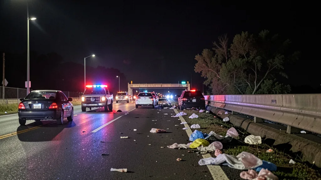 Veículos parados e destroços de isolamento em uma rodovia próxima a uma ponte no Kansas, com luzes de emergência.